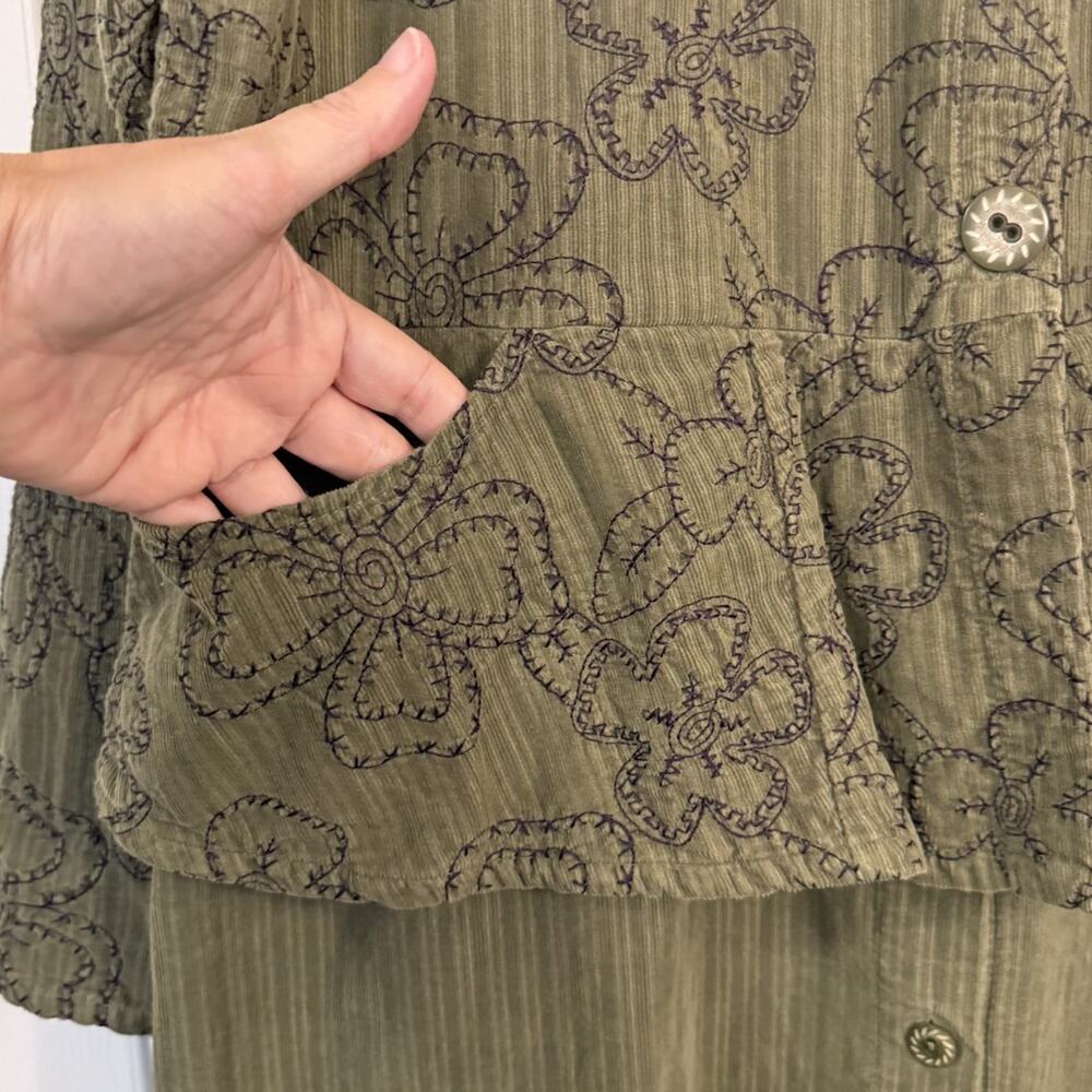 VTG Flax Shirt Dress‎ MED Green Corduroy Floral Embroidery 100% Cotton Lagenlook - Picture 6 of 14